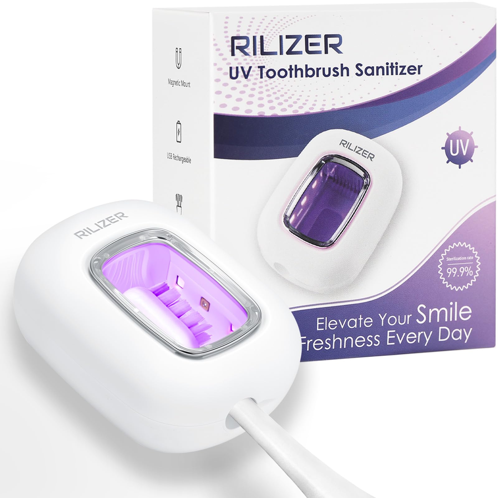 RILIZER UV Toothbrush Sanitizer Cover, Rechargeable Travel Cap with Magnetic Wall Mount, Portable Cleaner for Any Size Toothbrush