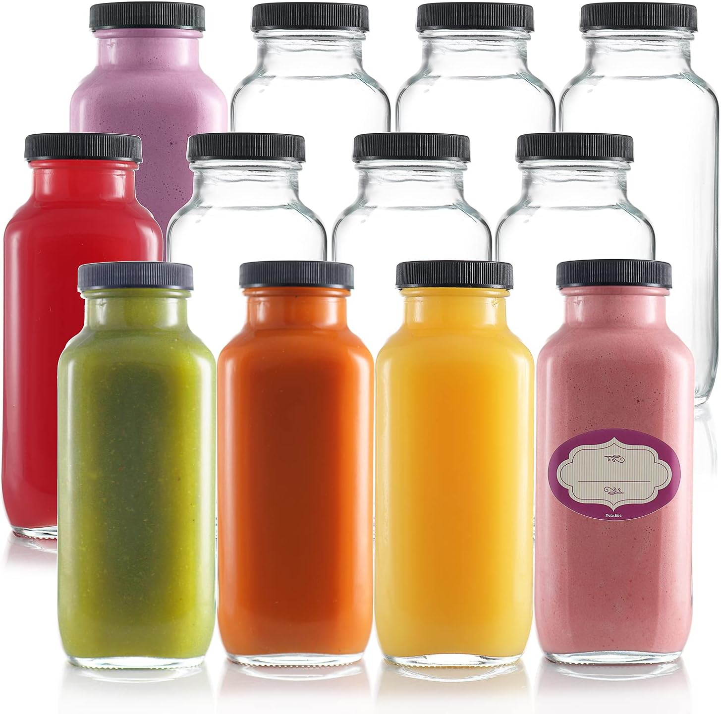 DilaBee 12-Pack Glass Juice Bottles with Lids - 16 oz Glass Bottles with Lids for Juice, Smoothie, Milk & Kombucha, Reusable Glass Water Bottles with Caps - Bulk Glass Bottles for Juicing BPA Free
