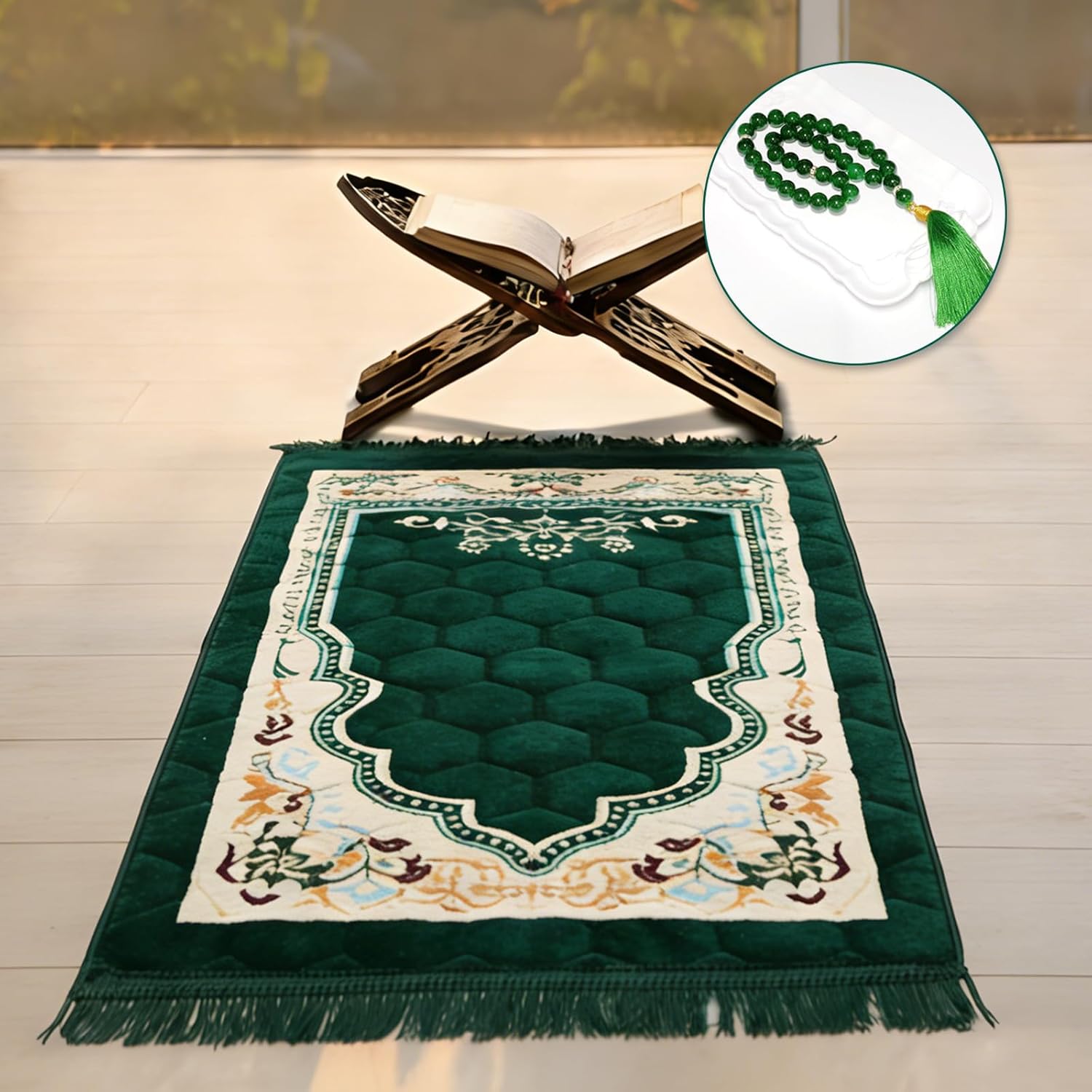 Funvalley Surperfect Premium Prayer Mat with Tasbih Prayer Beads-Large Soft Non-Slip Muslim Prayer Rug,Elegant Green Design for Home,Mosque,Travel-Eid Ramadan Gift for Women,Men,Kids