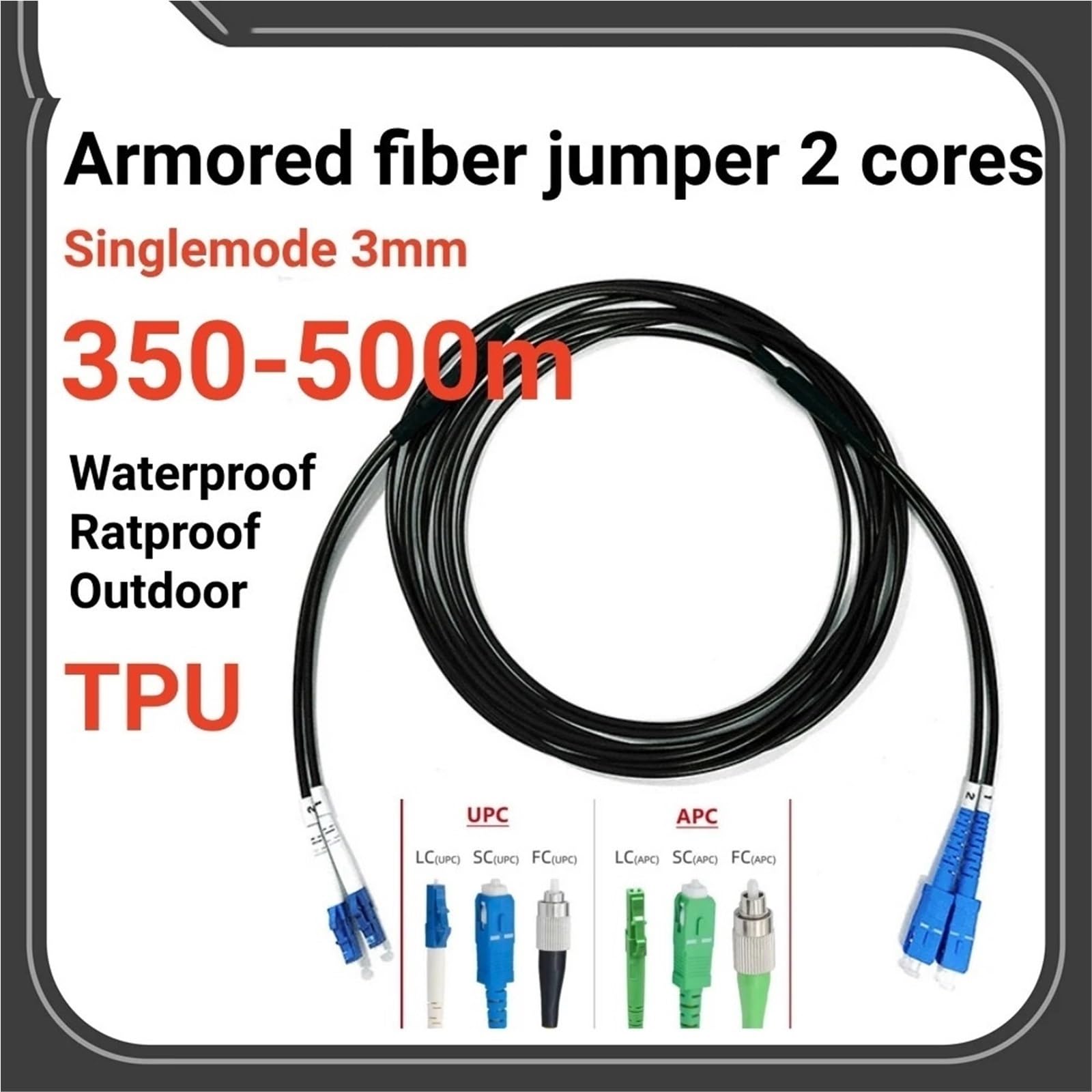 Cordon de Brassage Fibre Optique blindé LC 2C monomode 3 mm, étanche 400 m, SC FC St, Poli coudé, E2000, 2 conducteurs, Usage extérieur, SM Duplex(450m FC-FC)
