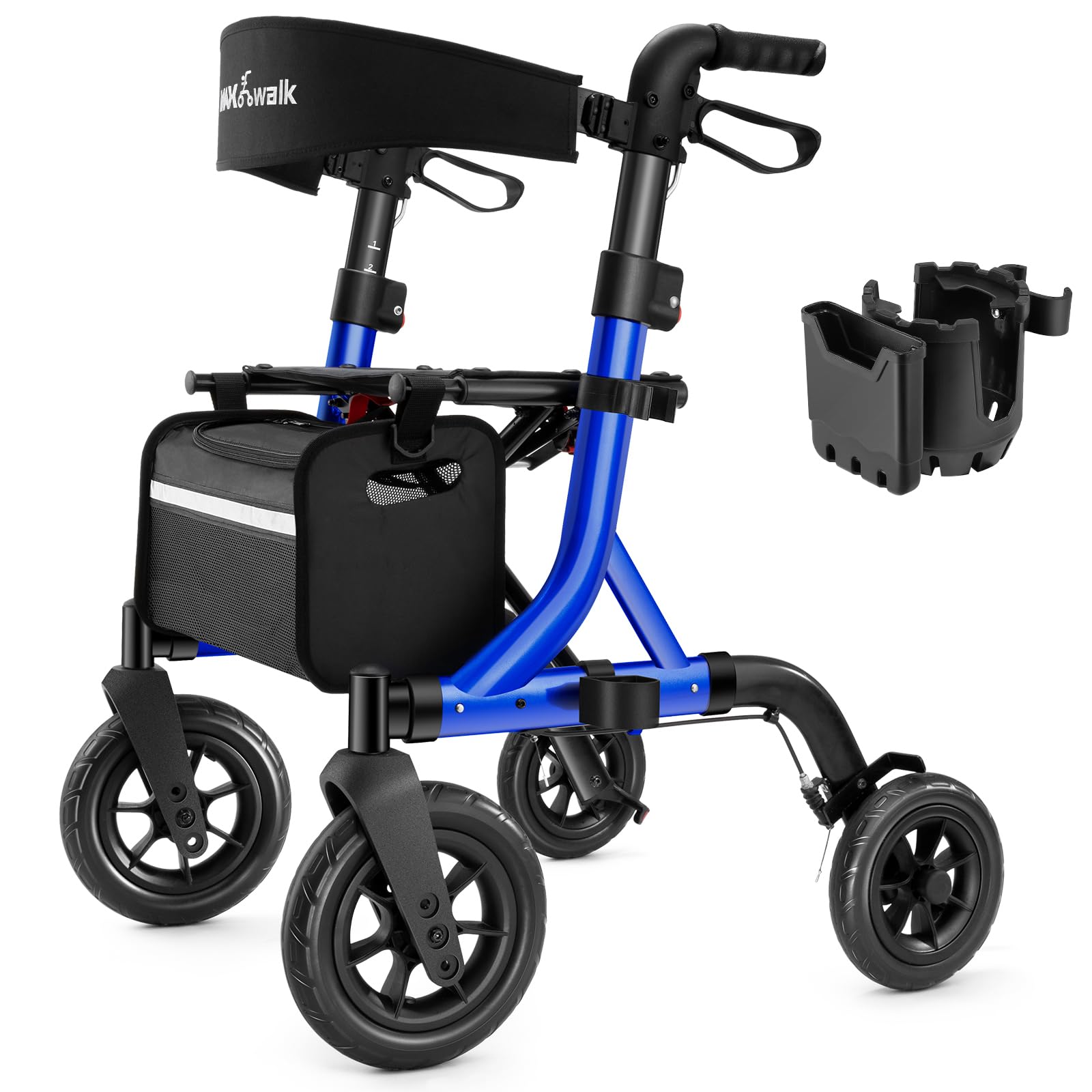 Walkers for Seniors, Rollator Walker with Seat, 10" Rubber Wheels All Terrain Rollator Walker with Backrest, Aluminum Walkers Built-in Cable, Foldable and Adjustable Height for Seniors, Blue