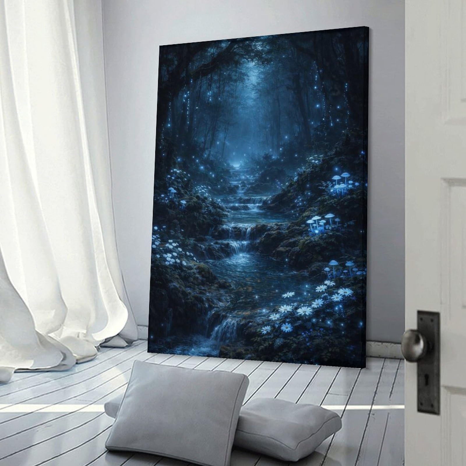 Junmoney Frame-Style-10 Forest Stream With Fireflies Hanging Wall Art, 20X30inch(50X75cm), For Entrance Walls, Hall Decor Or Foyers, Wall Decor To Refresh Empty Corners