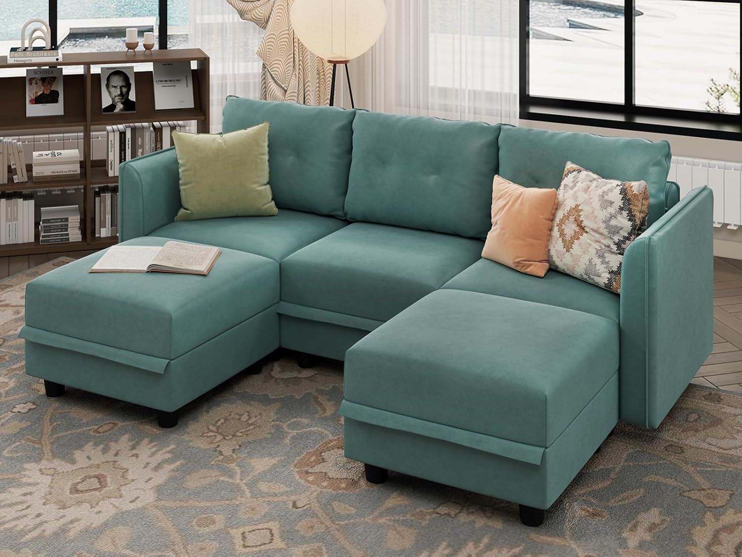 LLappuil Modular Sectional Sofa, Convertible U Shaped Couch with Storage, Faux Leather Fabric Waterproof Sectional Couch for Living Room, 86.2" Width, 5 Seat Modular Sofa, Aqua Blue