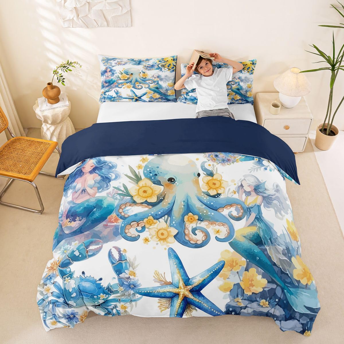 Homewish Set di biancheria da letto per letto super king size con motivo a tentacoli di polpo e sirena, con delfini, stelle marine, aragoste, animali