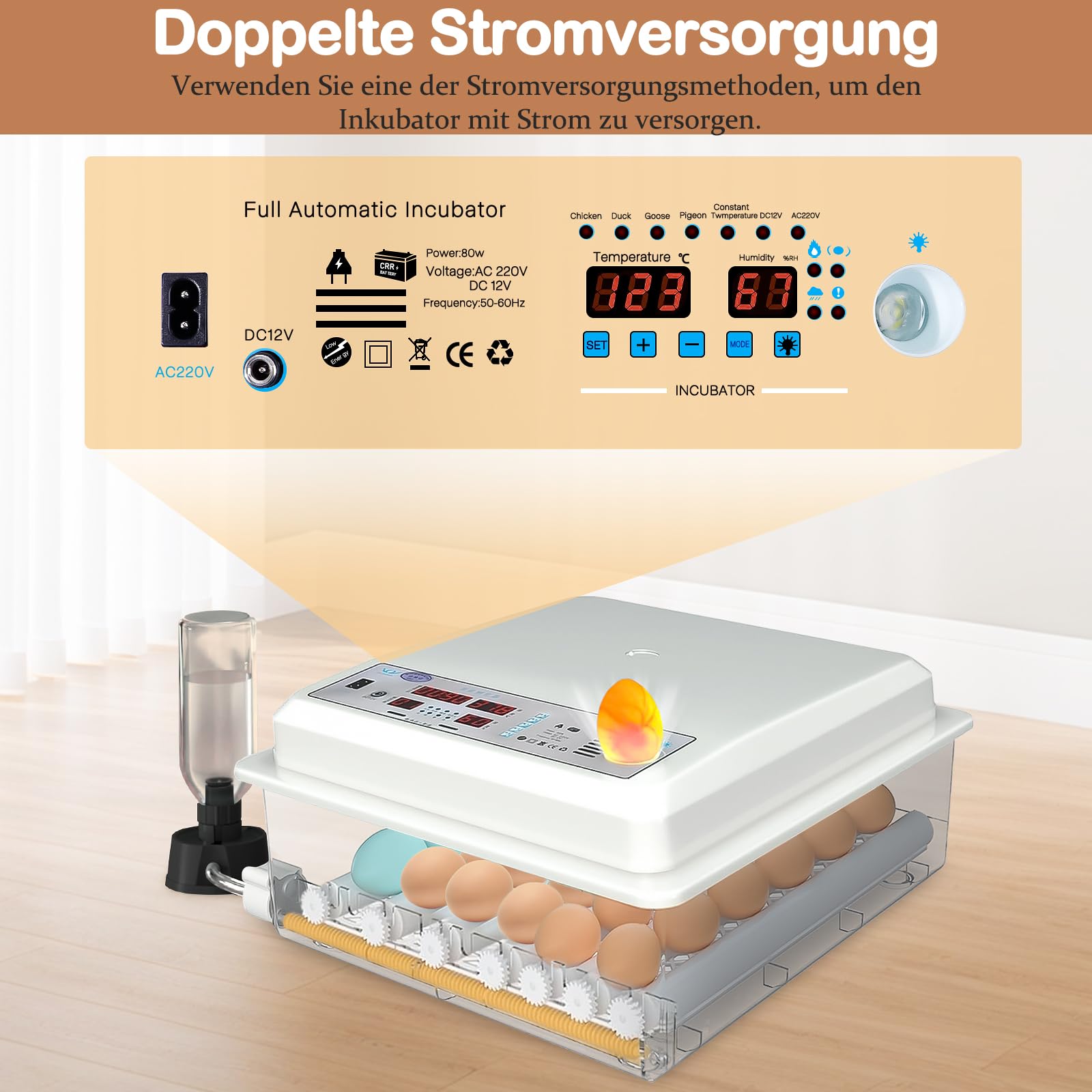 Automatische Brutmaschine Für 24–36 Eier – Wendeautomatik, Befeuchtung, Eierprüfer, 4 Modi, Für Hühner, Enten, Gänse, Tauben