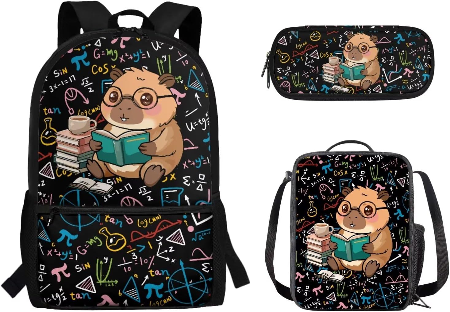 3 Pcs School Backpack for Girls Boys American Flag with Fish Backpack Bookbags Set with Lunch Tote Bag Pencil Case Kids School Bags Rucksack Daypack 3 In 1