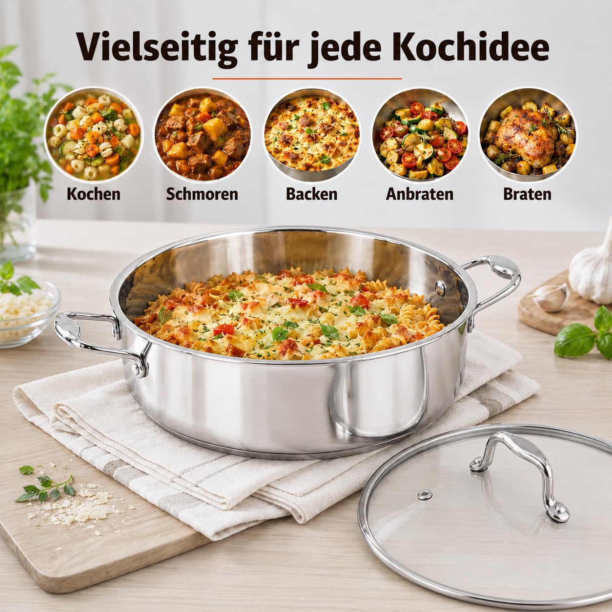 DELARLO Schmorpfanne 28cm Hoher Rand 5,6 L, Edelstahl Servierpfanne | 7mm 3‑lagiger Boden, Unbeschichtet, PFOA Frei, PFAS Frei, PTFE Frei, Geeignet für alle Herdarten, Ergonomischer Griff