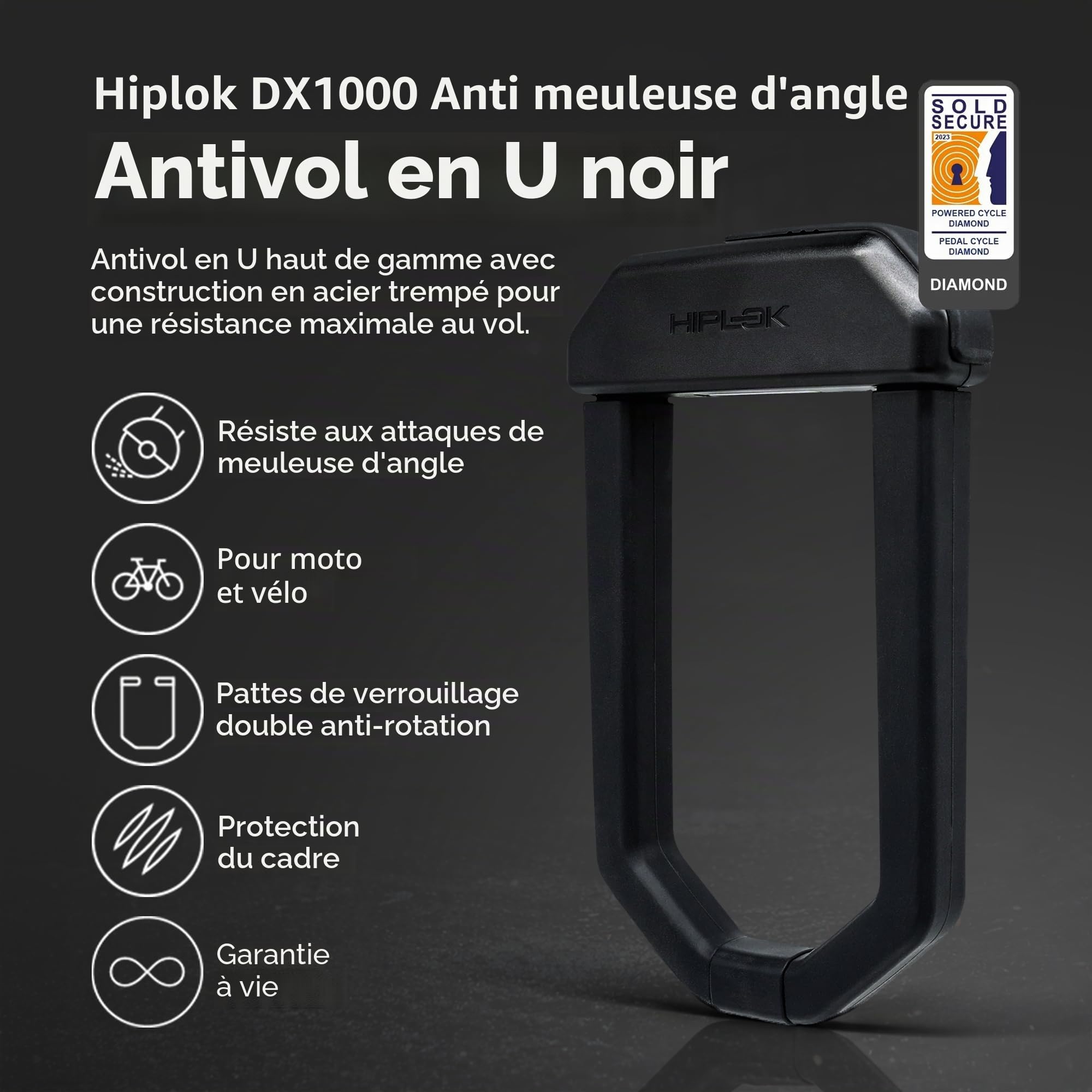 Hiplok D1000, Antivol en U, Unisex, ALL BLACK, Zone de fermeture : 15,5 cm x 9,2 cm