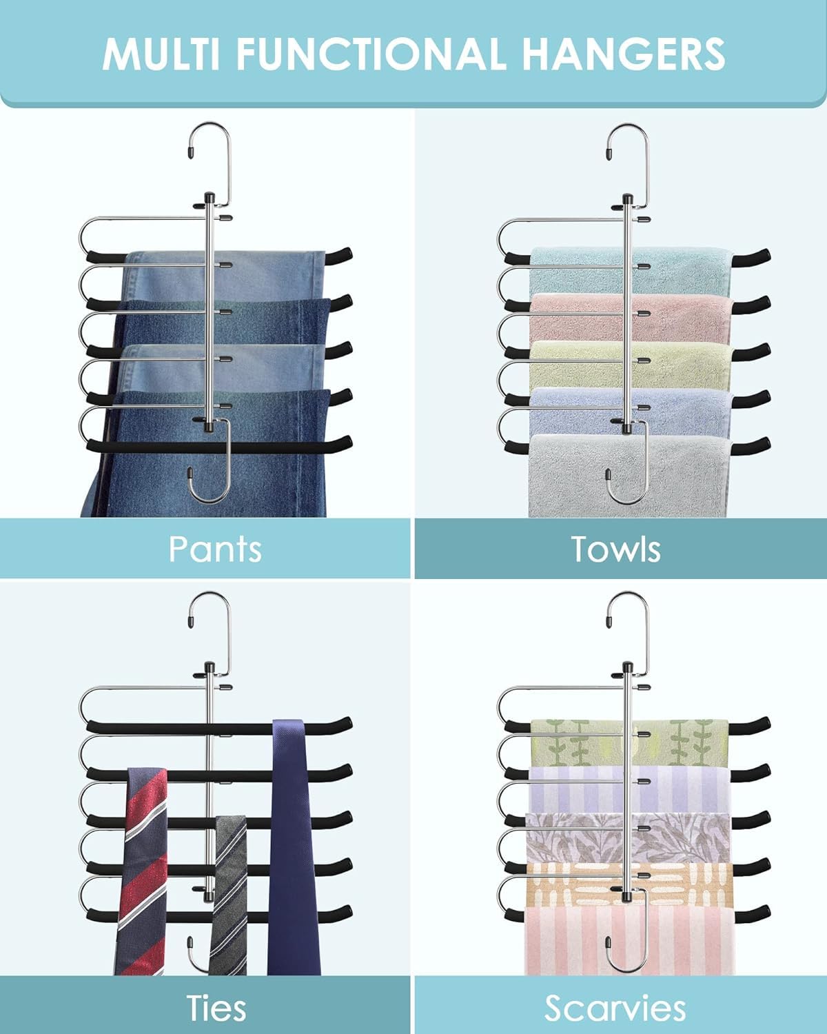 Paquete de 3 perchas para pantalones que ahorran espacio, perchas antideslizantes mejoradas con brazos oscilantes acolchados de espuma, organizador de armario de múltiples capas y almacenamiento para