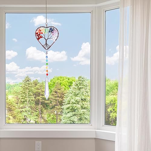 Miniatura 6 de TIESOME Atrapasoles para colgar en la ventana, árbol de la vida, atrapasoles de cristal en forma de corazón, bola de cristal, prisma, colgante,