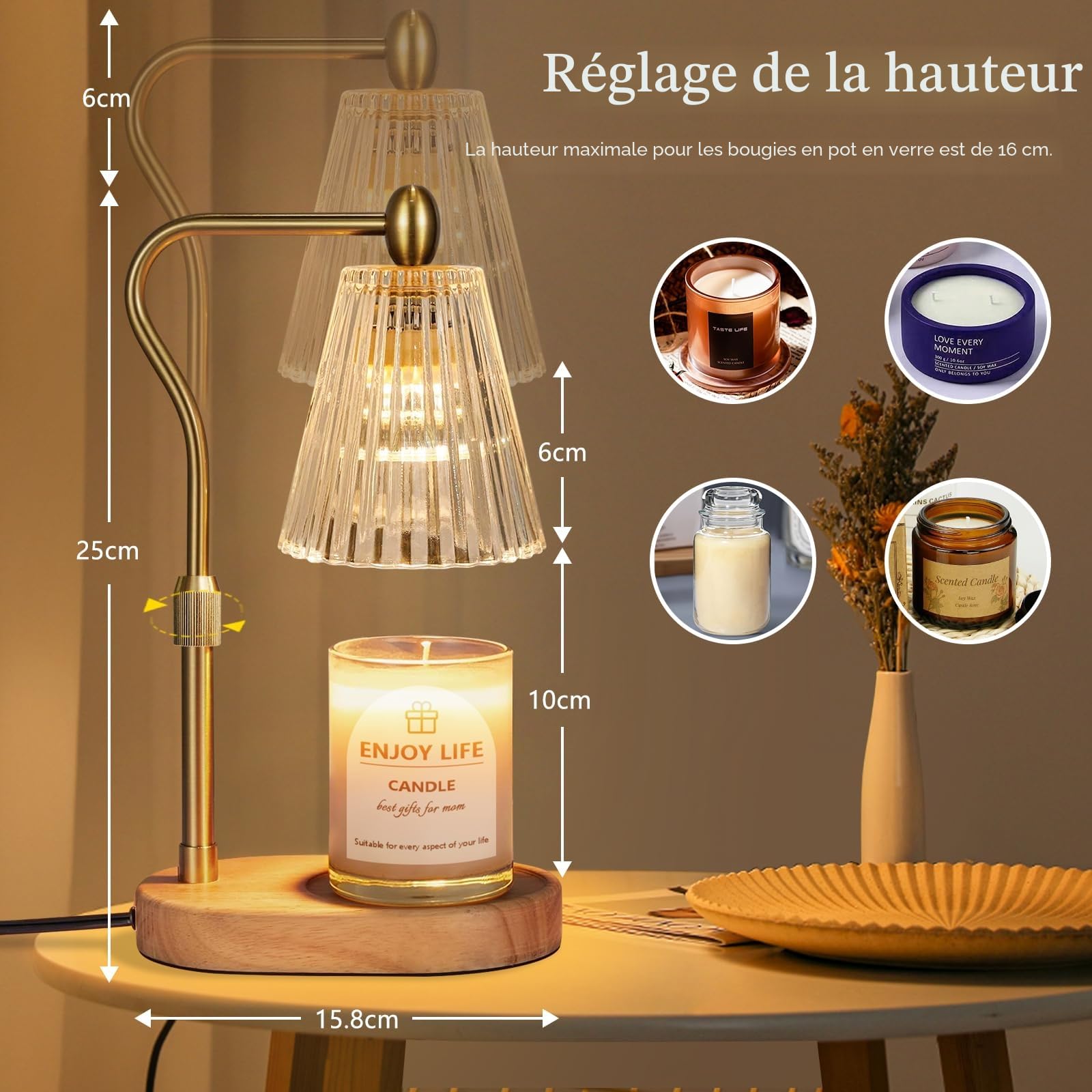 Loowoko Lampe Chauffe Bougie, Chauffage Bougie avec Minuterie et Variateur,Réglable en Hauteur,avec 2 Ampoules,Candle Warmer Lamp pour Bougies Parfumées en Verre, Maison, Chambre, Décoration