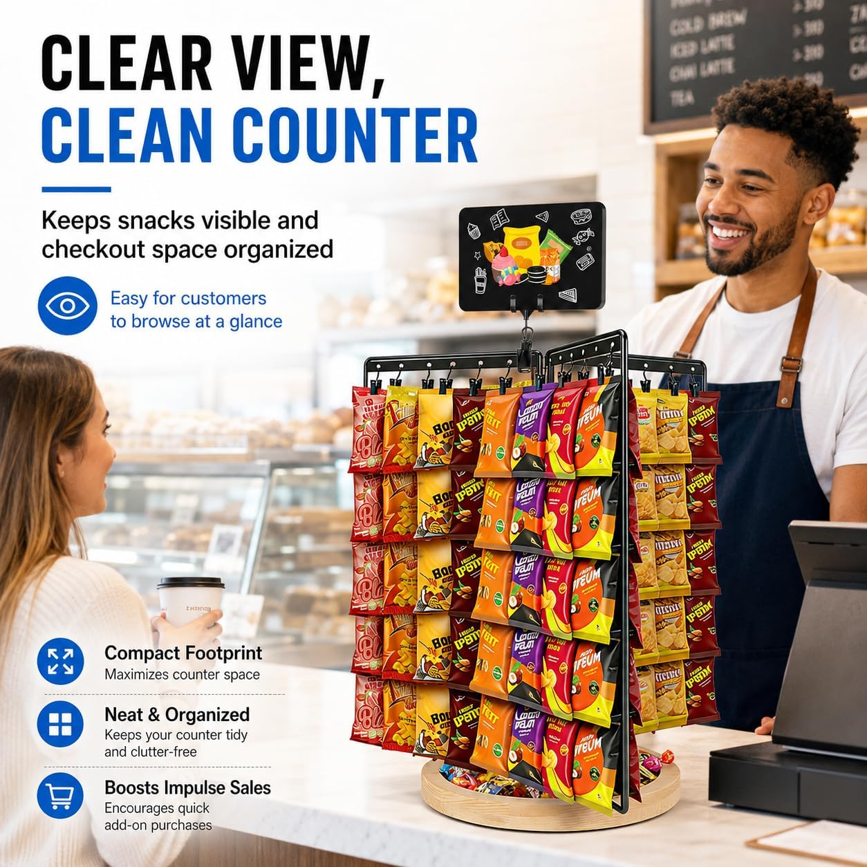 Chip Rack Display Stand, 360° Rotating 6-Sided Chip Holder Display for Countertop with 75 Adjustable Clips, Wooden Base Tray, DIY Message Board & Pen, Snack Display Rack for Concession Stand, Retail, Office, Parties