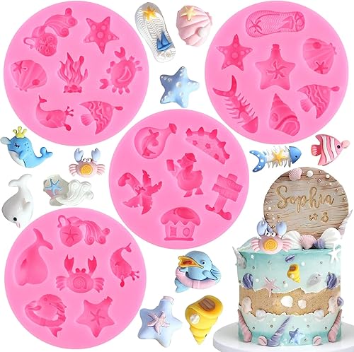 ZiXiang Moldes de silicona con diseño de estrella de mar y conchas marinas, moldes para fondant de cangrejo, playa, delfín, molde de chocolate coral