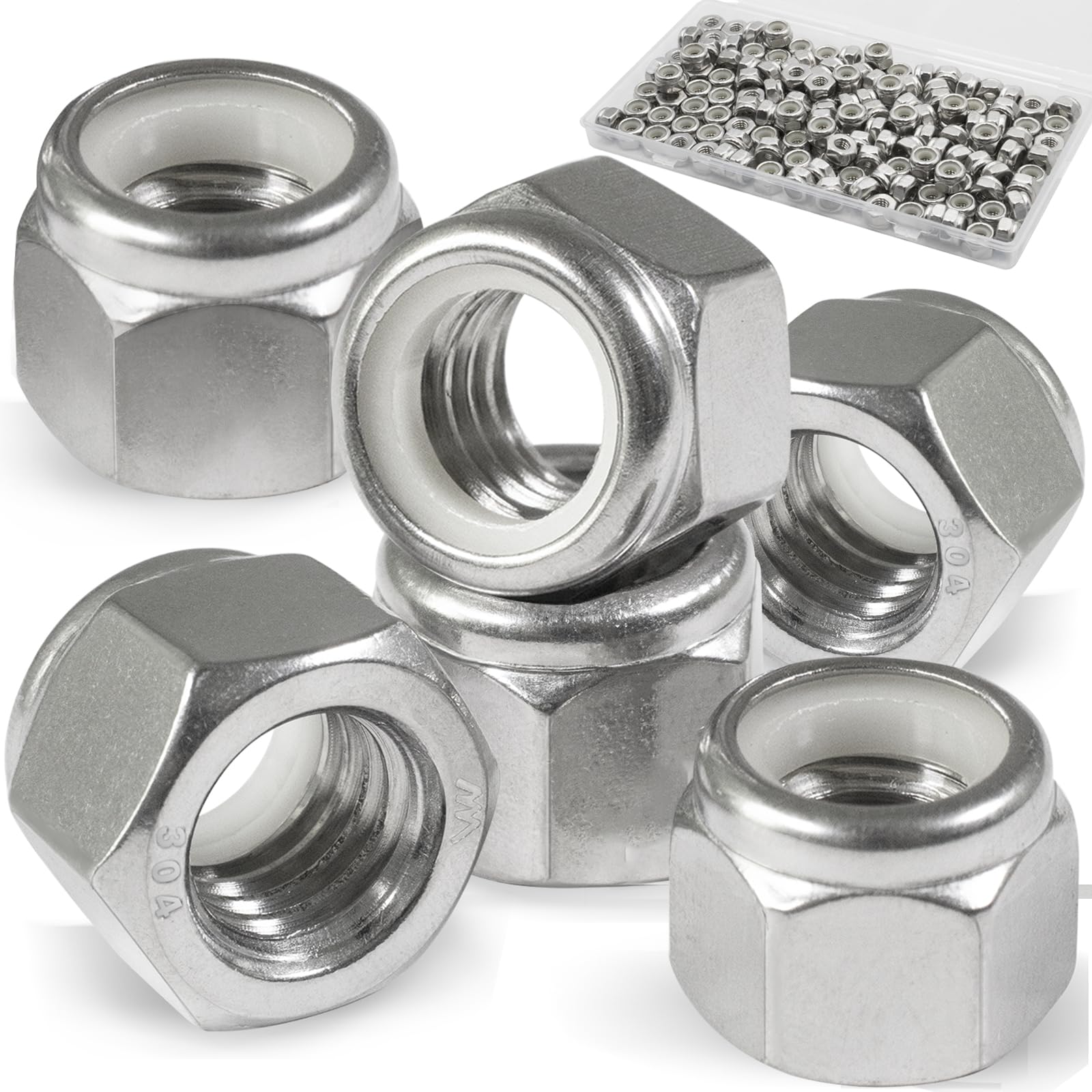 Vifmy 150 Pack 10#24 Nylon Insert Locknuts,304 (A2-70) Stainless Steel Lock Nuts,Standard Inch Thread Nylock Nuts for Bolts