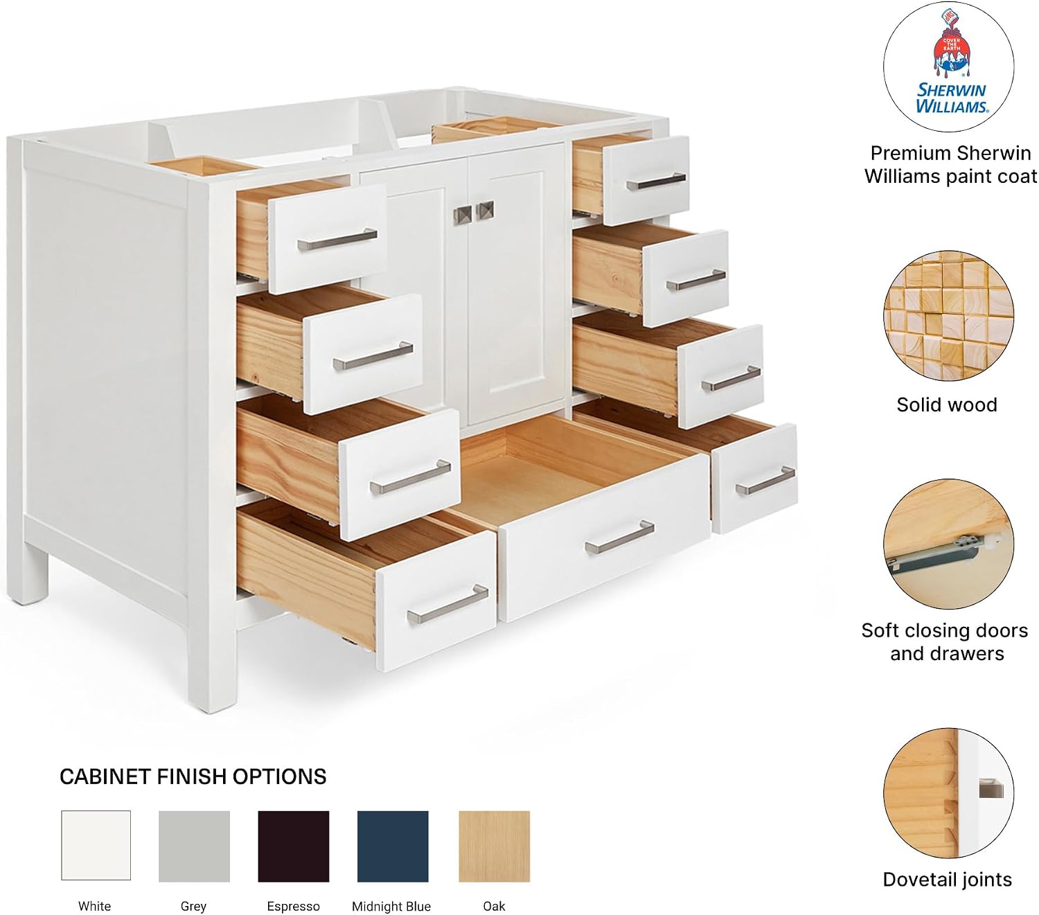 DKB Beckford 48-Inch White Bathroom Vanity Base Cabinet, Center Sink, Solid Wood Frame, 2 Soft Closing Doors, 9 Full Extension Dovetail Drawers, Brushed Nickel Hardware