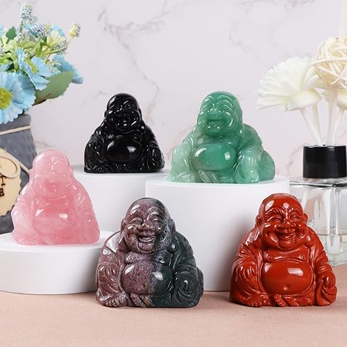 Miniatura 7 de Artistone Estatua de Buda sonriente de cuarzo rosa de 2 pulgadas, piedra preciosa tallada de Buda feliz Feng Shui, piedra de bolsillo de cristal
