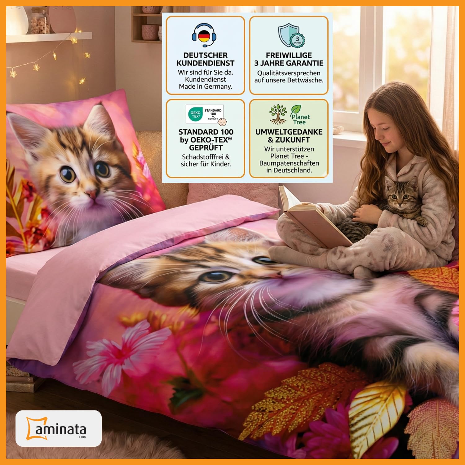 Aminata kids Bettwäsche Katze 135x200 Mädchen | Wende-Kinder-Bettwäsche-Set Katzen-Motiv | 100% Baumwolle | YKK Reißverschluss pink