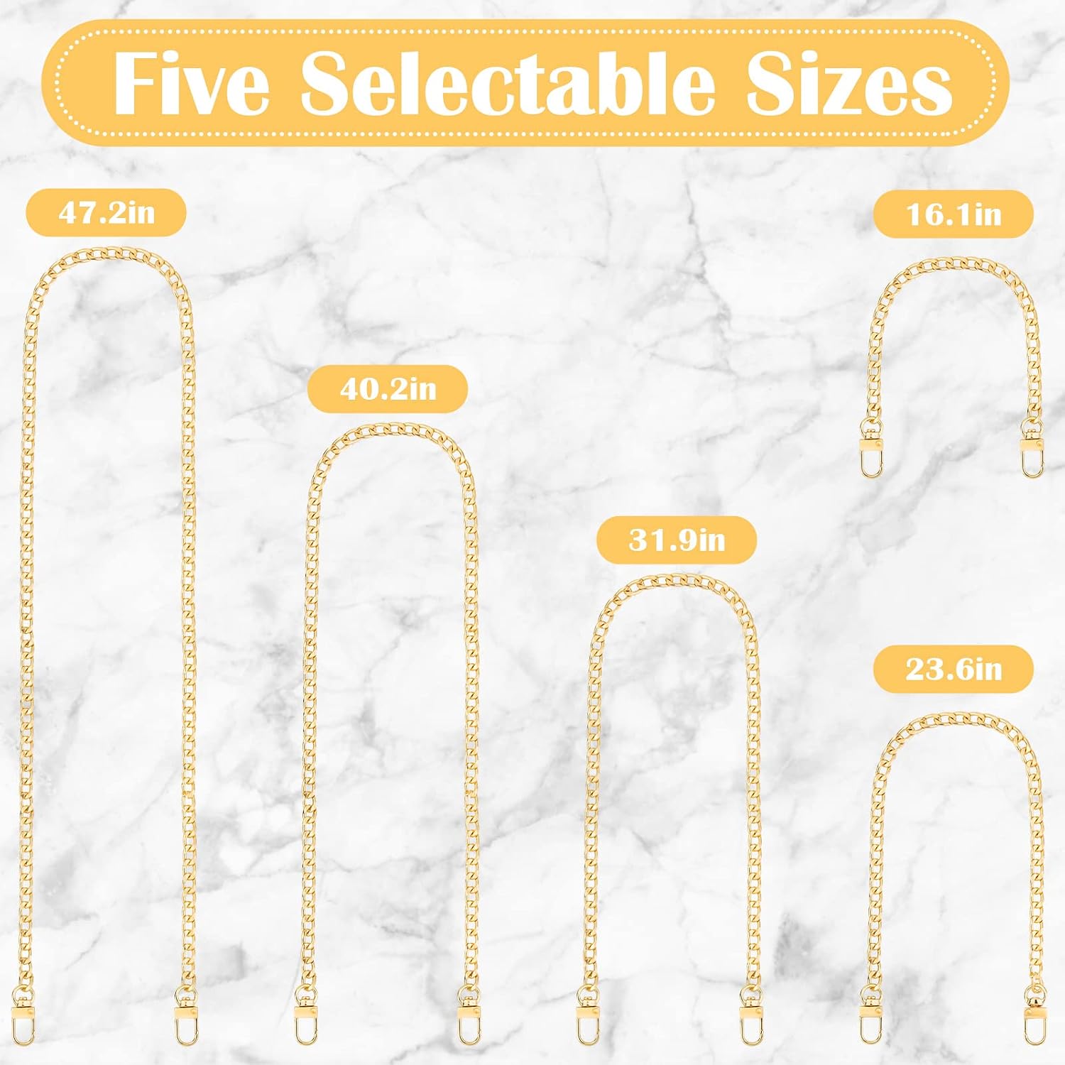 Lezmarket 5 Sizes Purse Chain, Gold Handbag Flat Iron Chains with Metal Buckles, Shiny and Attach Easily Use Comfortable for DIY Purse Handbag Shoulder Crossbody Bag Clutch. (15.4-47.2Inches, Gold)
