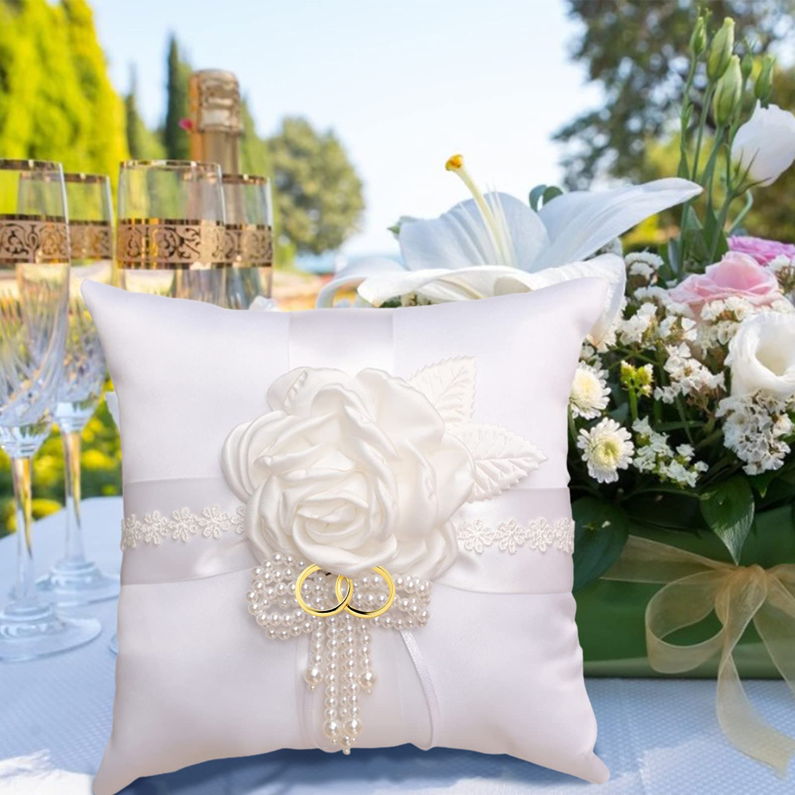 Hochzeits Ringkissen - Weißer Satin Mit Spitze Für Eheringe