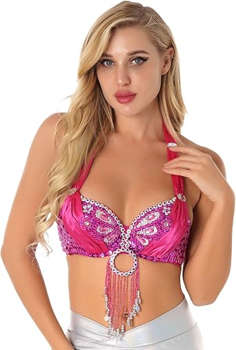 Agoky Womens Indian Belly Dance Bra Beaded Fringe Metallic Brassiere Sequin Camis Crop Top