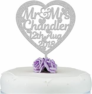 PERSONALISED Wedding/Anniversary GLITTER Cake Topper - Personalise with ANY SURNAME - Food Safe Acrylic Cake Decoration - Mr And Mrs NAME - Made from Strong 3mm Acrylic - Different Colours to Choose