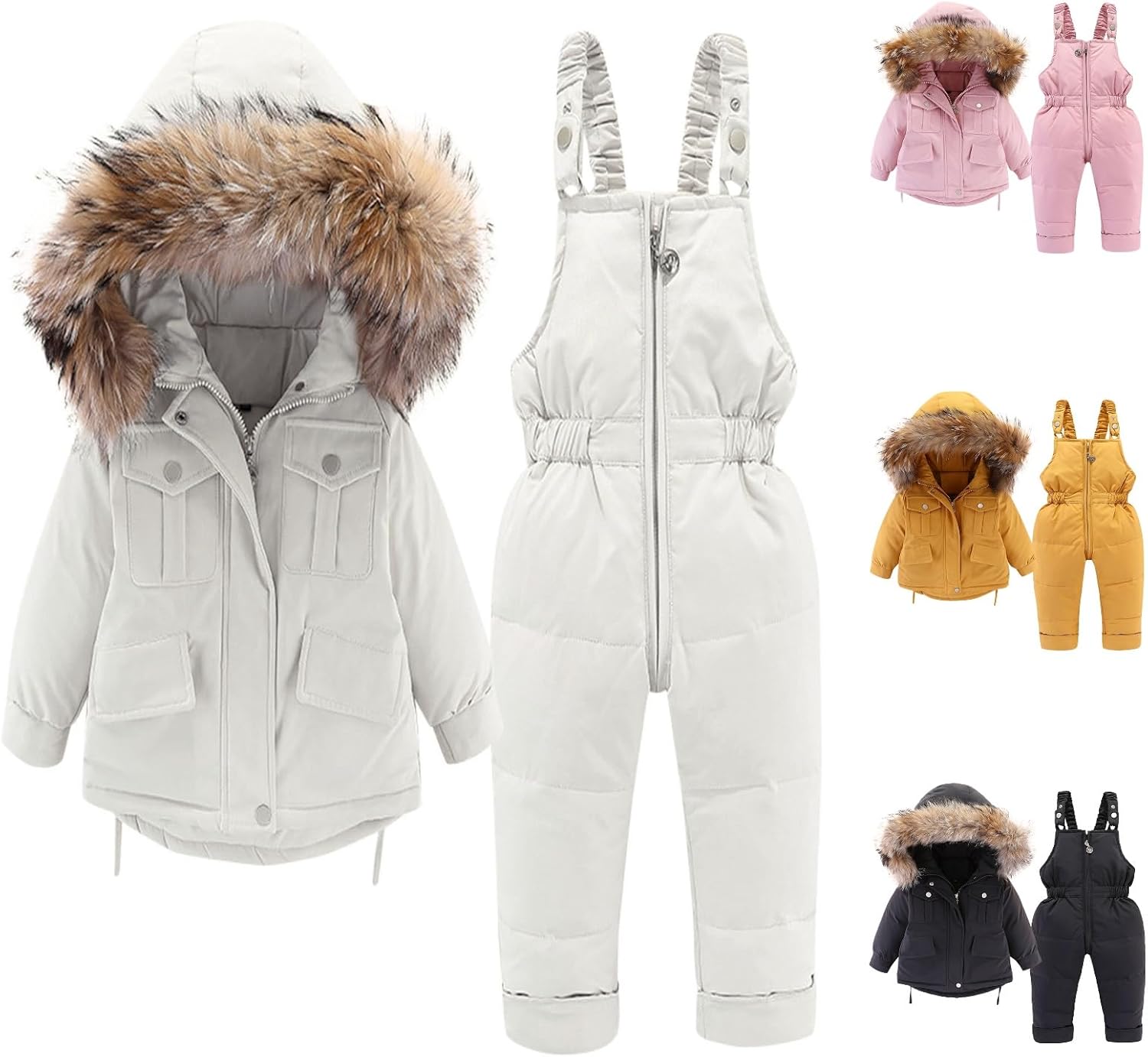 Toddler Boys Girls Snowsuit Girls Snow Pant and Jacket Bib Winter Kids Clothes Coat Furry Down Zip-up Coats
