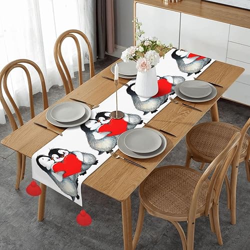 Miniatura 1 de Camino de mesa de Navidad con diseño de pingüinos de animales lindos y corazones rojos, decoración de mesa de comedor, decoración de Navidad,