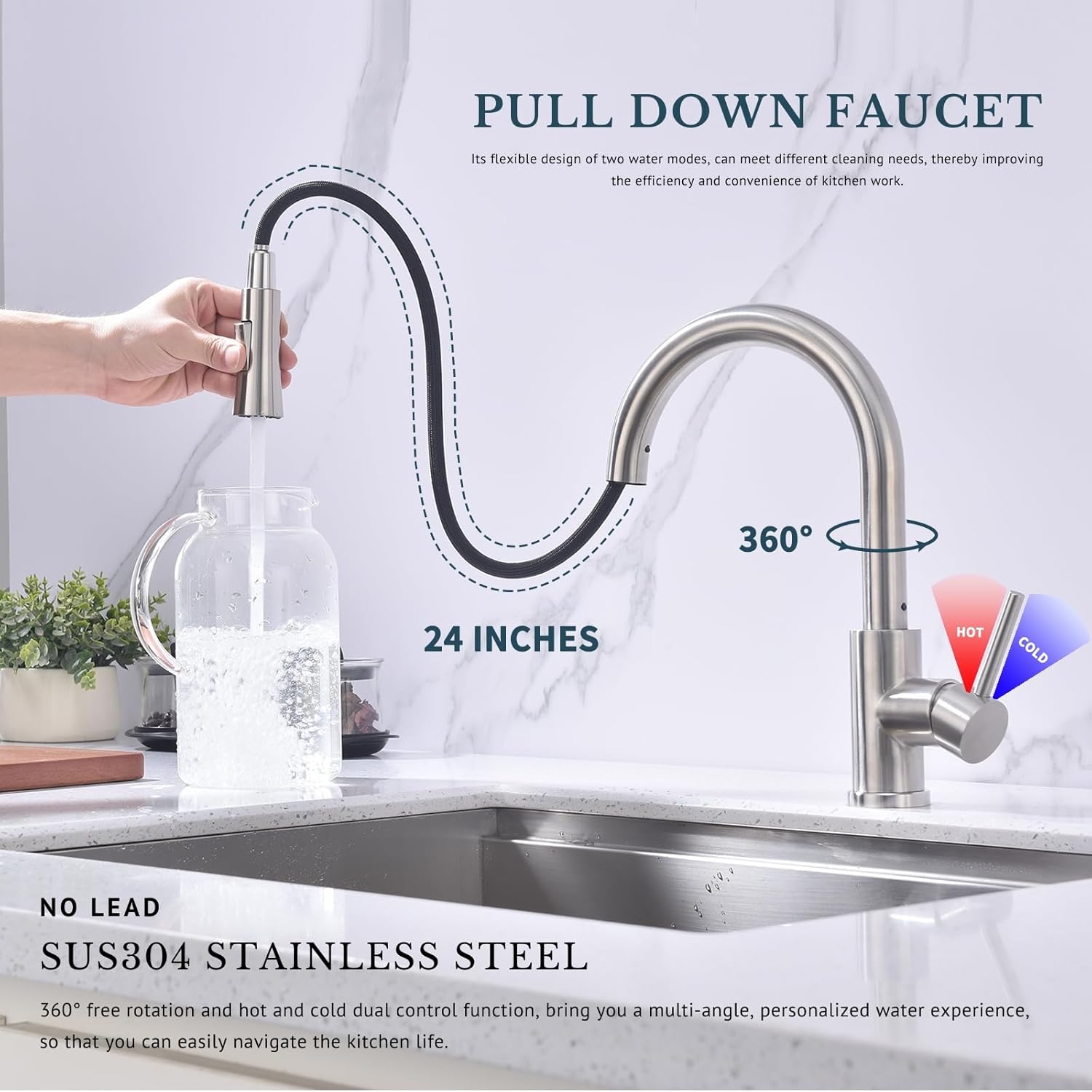 Kitchen Faucet with Pull Down Sprayer SUS304 Stainless Steel High Arc Brushed Nickel Pull Out Kitchen Sink Faucets Utility Laundry Farmhouse Camper Rv Modern for 1 or 3 Hole Sink, KF1-BN