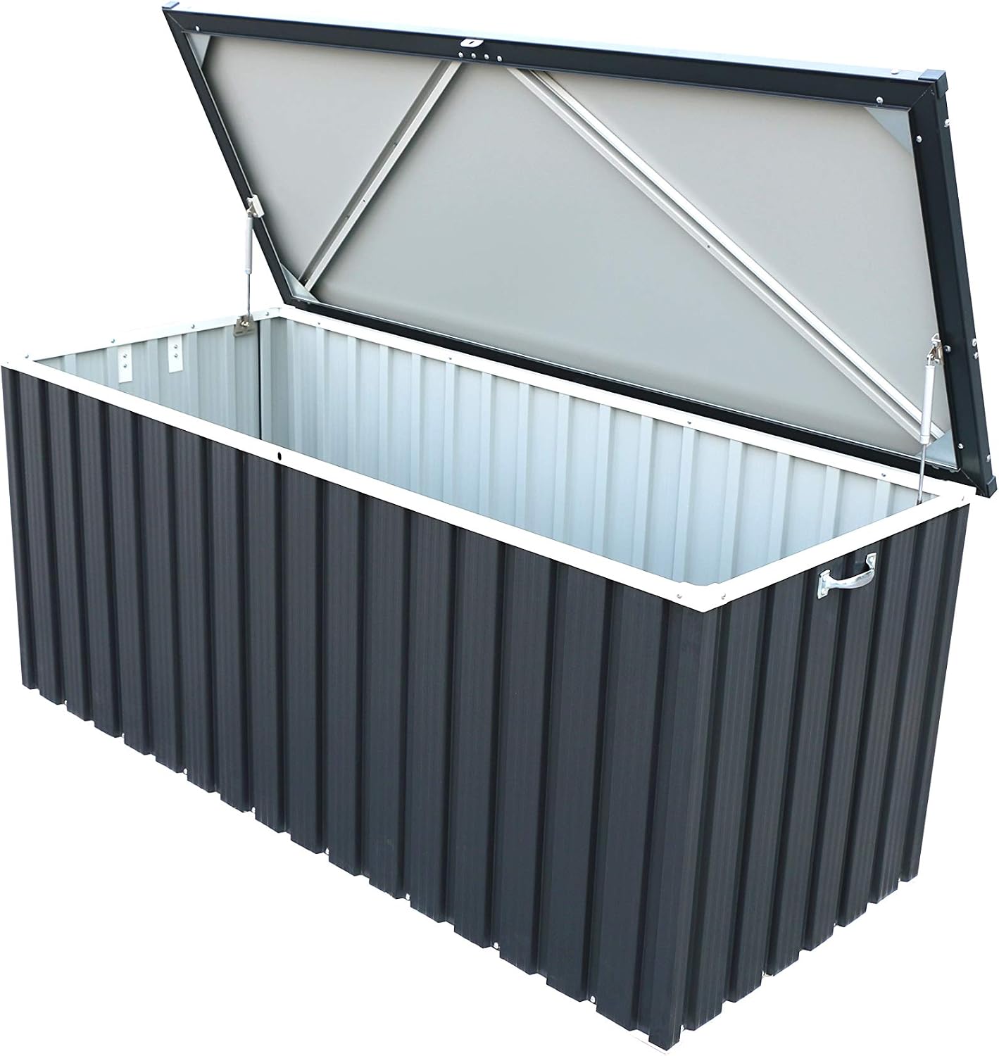 Duramax DH 1.7 Metal Garden Storage Box with its lid open, revealing the spacious interior