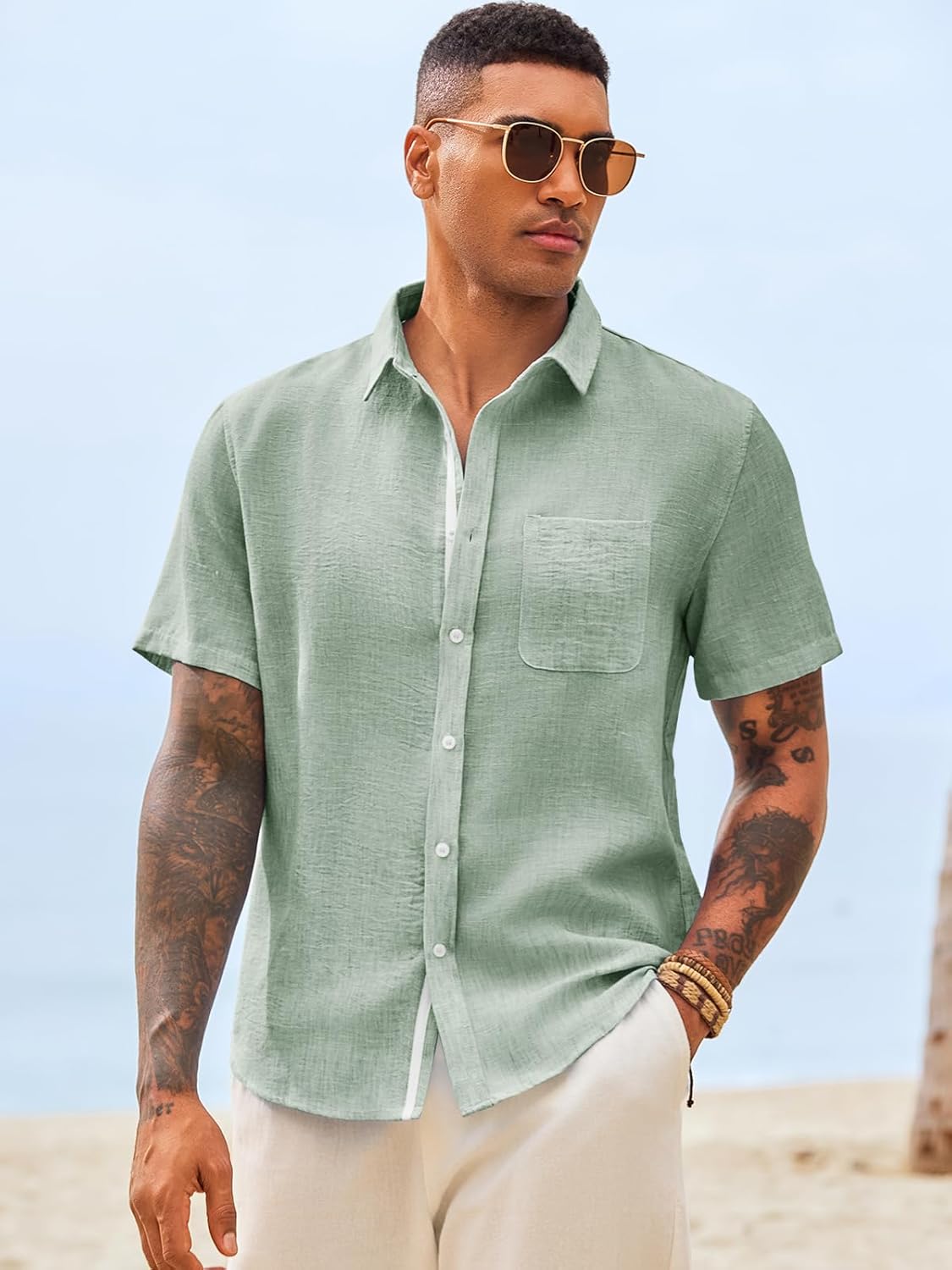 Runcati Mens Linen Button Down Shirts Casual Short Sleeve Shirt Summer Beach Wedding Tops with Pocket - Image 4