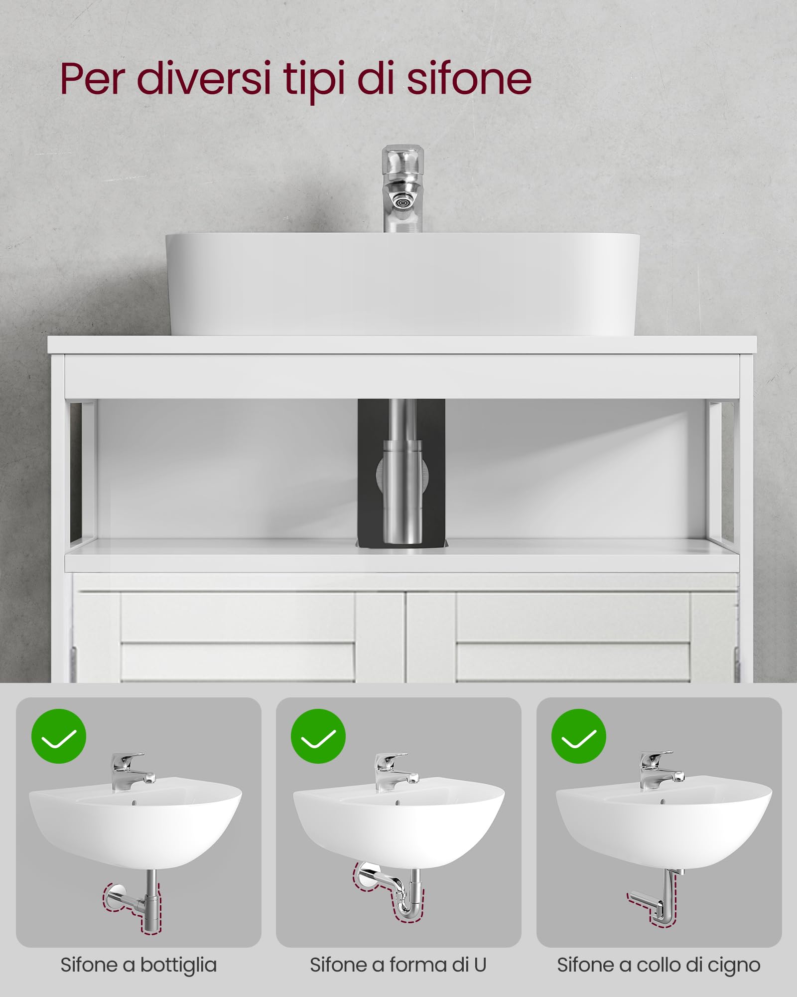 VASAGLE Mobile Sottolavabo per Bagno, Mobiletto da Bagno, 2 Ante a Persiana, Capiente, Design Moderno, 30 x 60 x 60 cm, Bianco BBC02WT