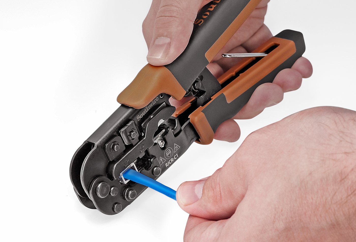 Southwire Ratchet Mod Plug Crimper - Cuts, Strips, & Crimps Phone & Data Cables - Compatible with RJ45, RJ11/RJ12, RJ22 Plugs - Locks for Storage