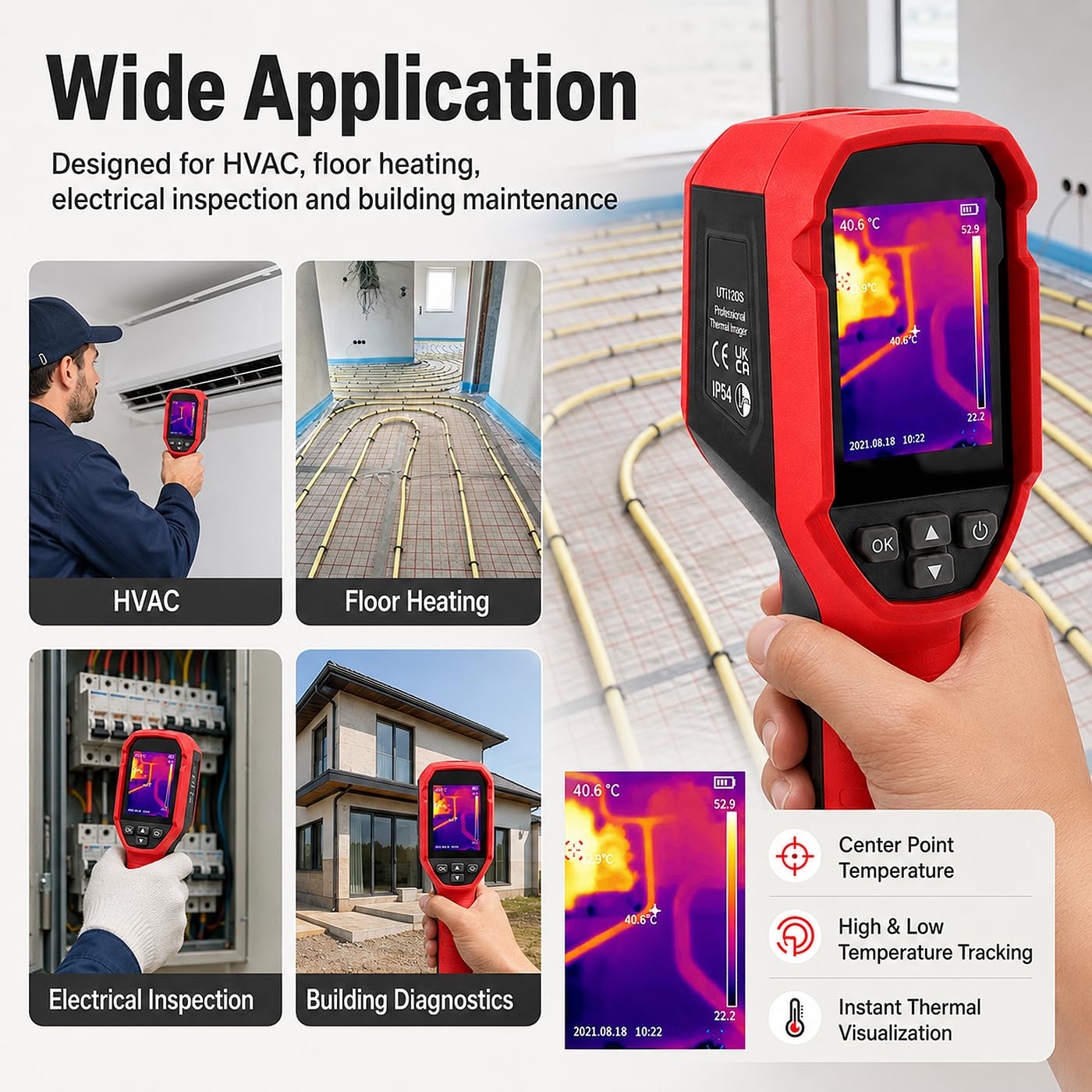 Cámara Térmica Infrarroja, Imagen LCD Recargable de 1080 Píxeles Cámara Portátil de Imágenes IR -20 °C - 400 °C (-4 °F A 752 °F) para HVAC, Inspección de Tuberías de Calefacción Por Suelo Radiante