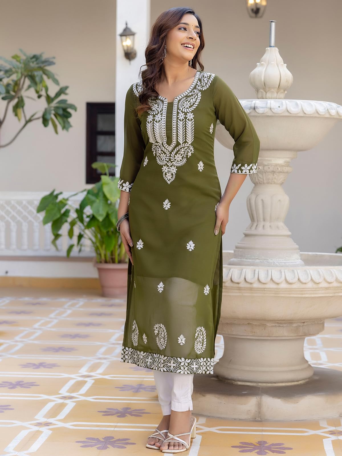 Sanisa Women's Georgette Chikankari Embroidery Straight Kurti (481K10056N-Xxl_Olive Green)