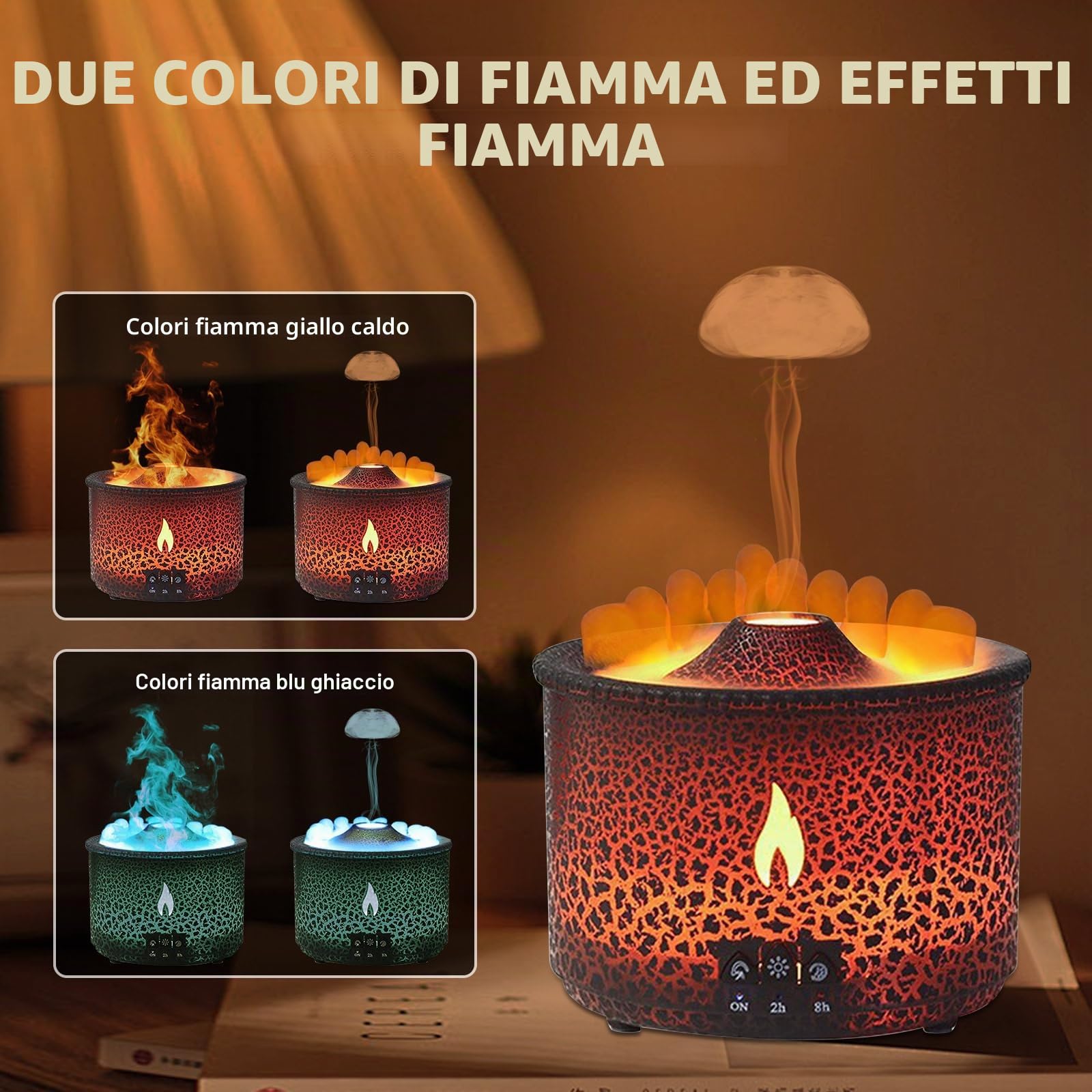 Umidificatore Vulcanico Diffusore Aromi Fiamma: Diffusore di Profumo di Olio Essenziale a Ultrasuoni con Capacità di 360 ml, 2-In-1 con Funzione Timer per Camera da Letto e Home Office