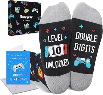 HAPPYPOP 10 Year Old Birthday Gifts - Ten Tween Boys Girls Birthday Sock in Gift Box