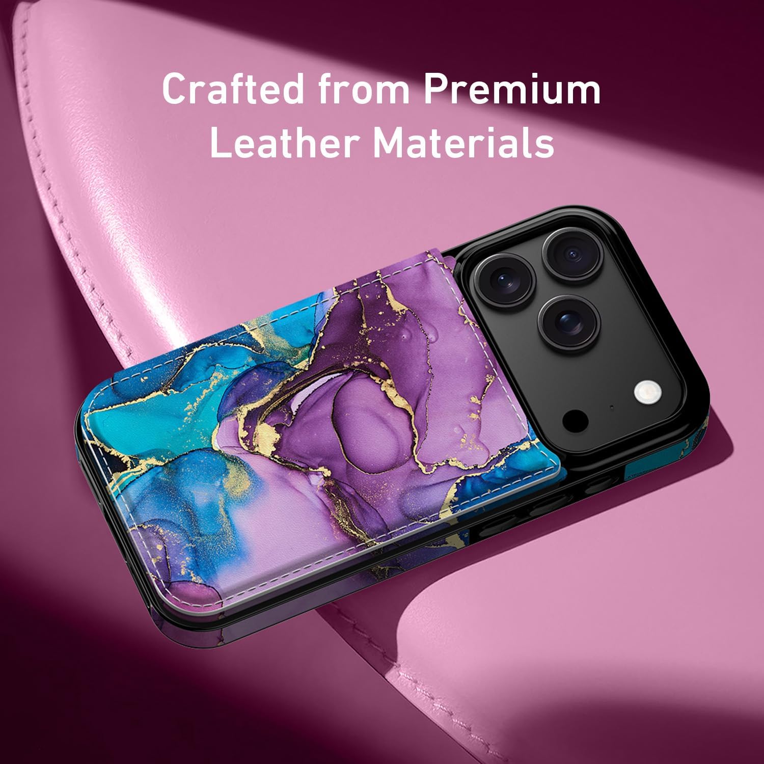 Goodon for iPhone 17 Pro Case Wallet - Flip Folio Leather Cover with Trendy Floral Design, 3 Card Slots & Kickstand Function, Stylish Protective Phone Case for Women and Girls - Teal Purple Marble - Image 4