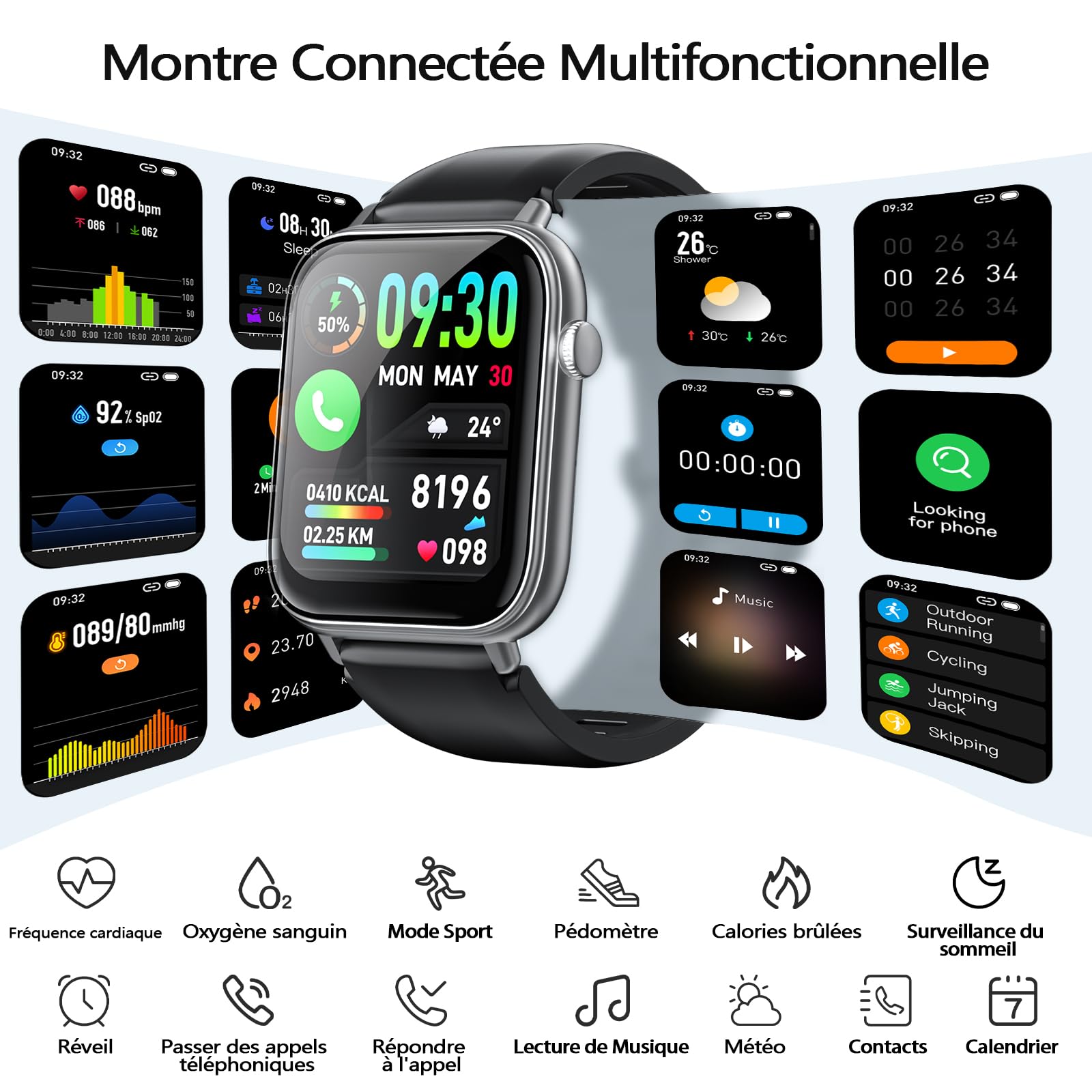 Montre Connectée Homme Femme avec Appel Bluetooth | 1,85'' HD Smartwatch avec Sommeil Fréquence Cardiaque SpO2 Podomètre,112+ Modes Sportifs Montre Étanche IP68,pour Android iOS
