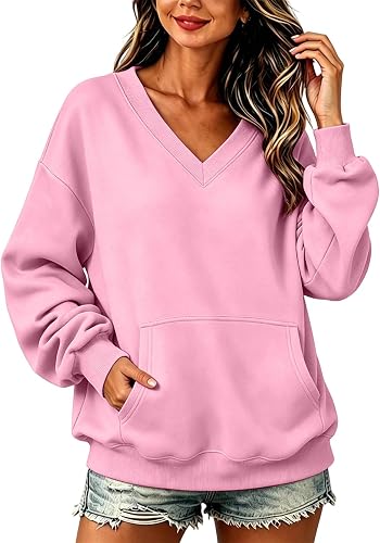 Super Soft Fall Sweatshirts for Women Solid V-Neck Oversized