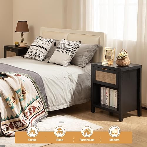 Miniatura 8 de SICOTAS Juego de 2 mesitas de noche de ratán, mesita de noche de granja con cajón y estante de almacenamiento, mesa auxiliar bohemia para