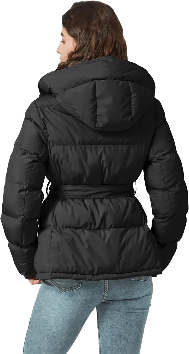Women's Winter Warm Puffer Jackets Slim Fit Water-Resistant Detachable Hooded with Belt - Image 3