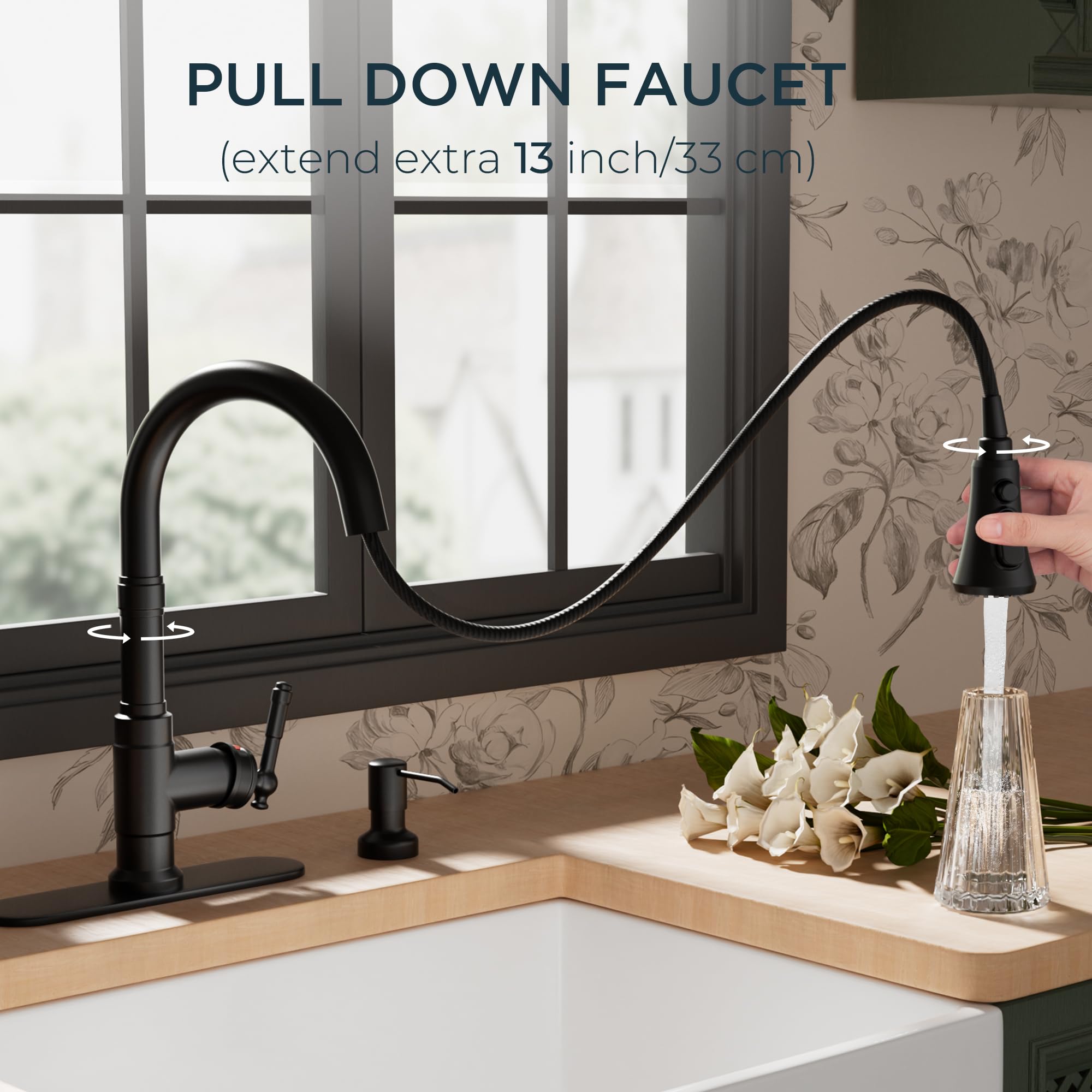 Grifo de cocina vintage con dispensador de jabón y rociador extraíble, grifo de fregadero clásico de acero inoxidable de arco alto con manija única en negro mate para casas de campo, caravanas, bar