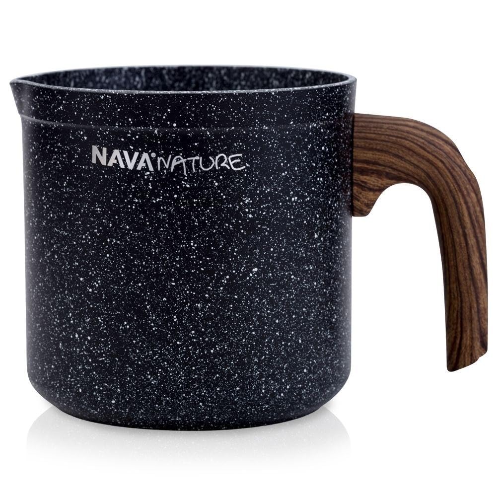 NAVA Nature Milk Pan, Stovetop Saucepan with Pour Spout, Non Stick Stone Coating, Heat Resistant Wood Effected Handle,1 Litre Capacity, 11cm Diameter