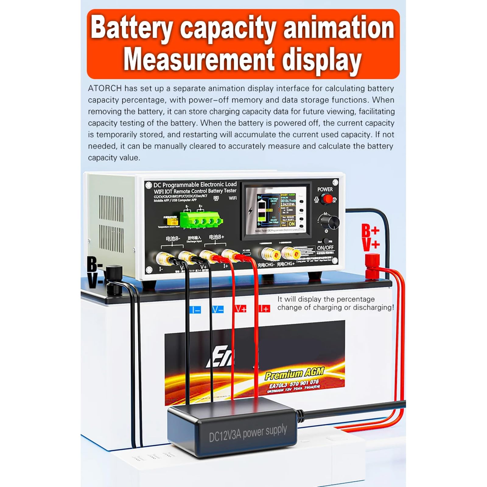 Monitor de capacidad de batería con pantalla para baterías de litio y ácido de hasta 200 V Probador de carga electrónico programable WiFi para pruebas de capacidad de batería