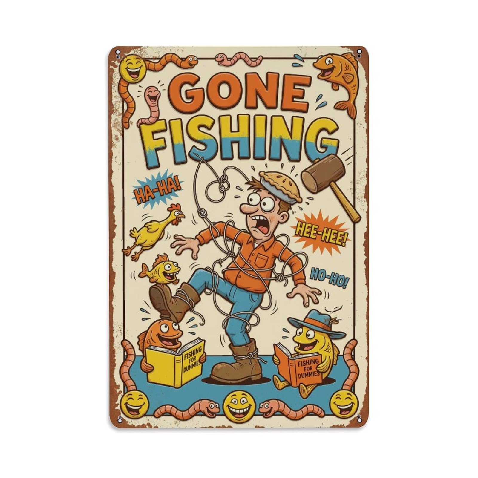 Gone Fishing Funny Fisherman 3 Vintage Metal Tin Sign Plaque Wall Decor for Cafe, Club, Garden Metal Poster 8x12Inch