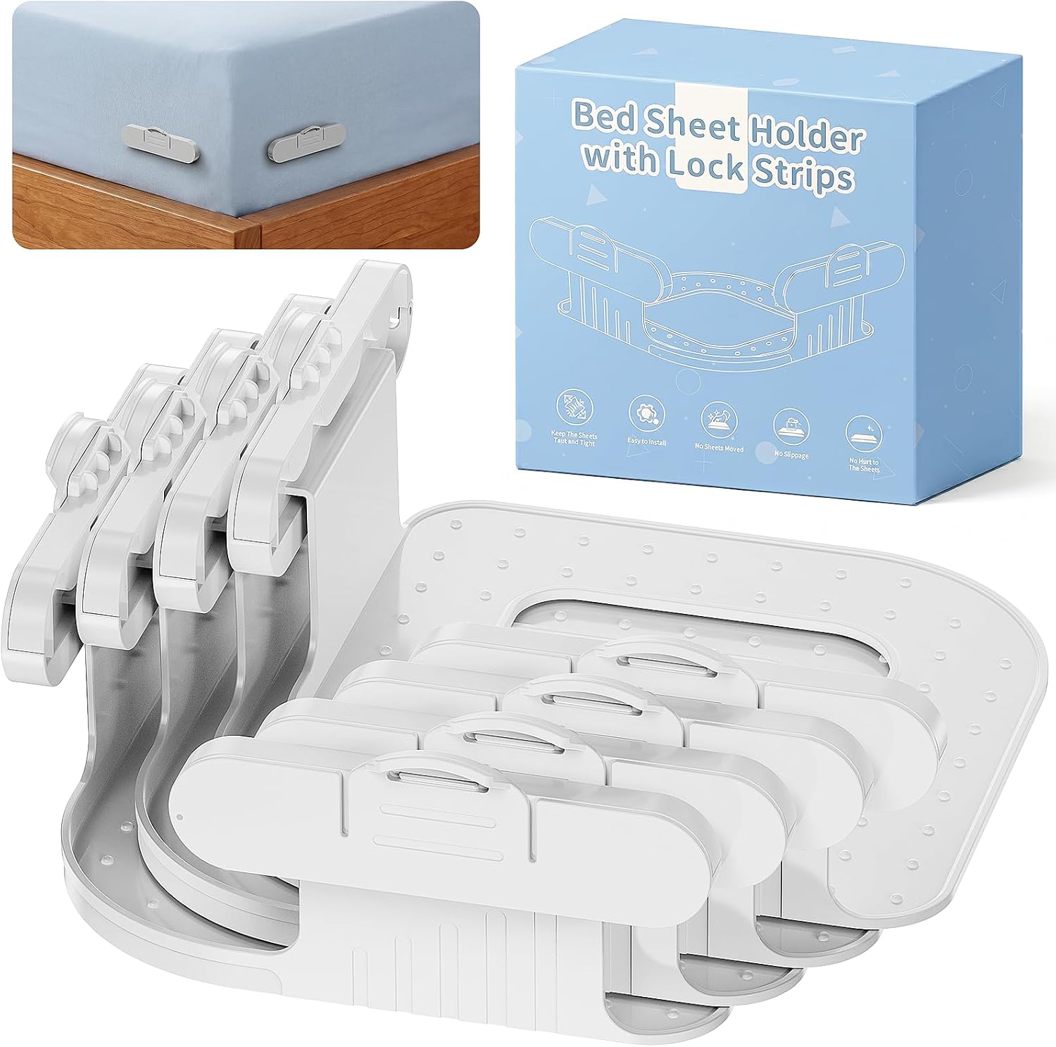 Bed Lock Sheet Holders, New Upgrade Sheet Straps Keep Sheets Firm & Tight, Bed Fitted Sheet Holder for Corners, Sheet Clips, Mattress Sheet Holder Strap, Sheet Secure Lock Fasteners White
