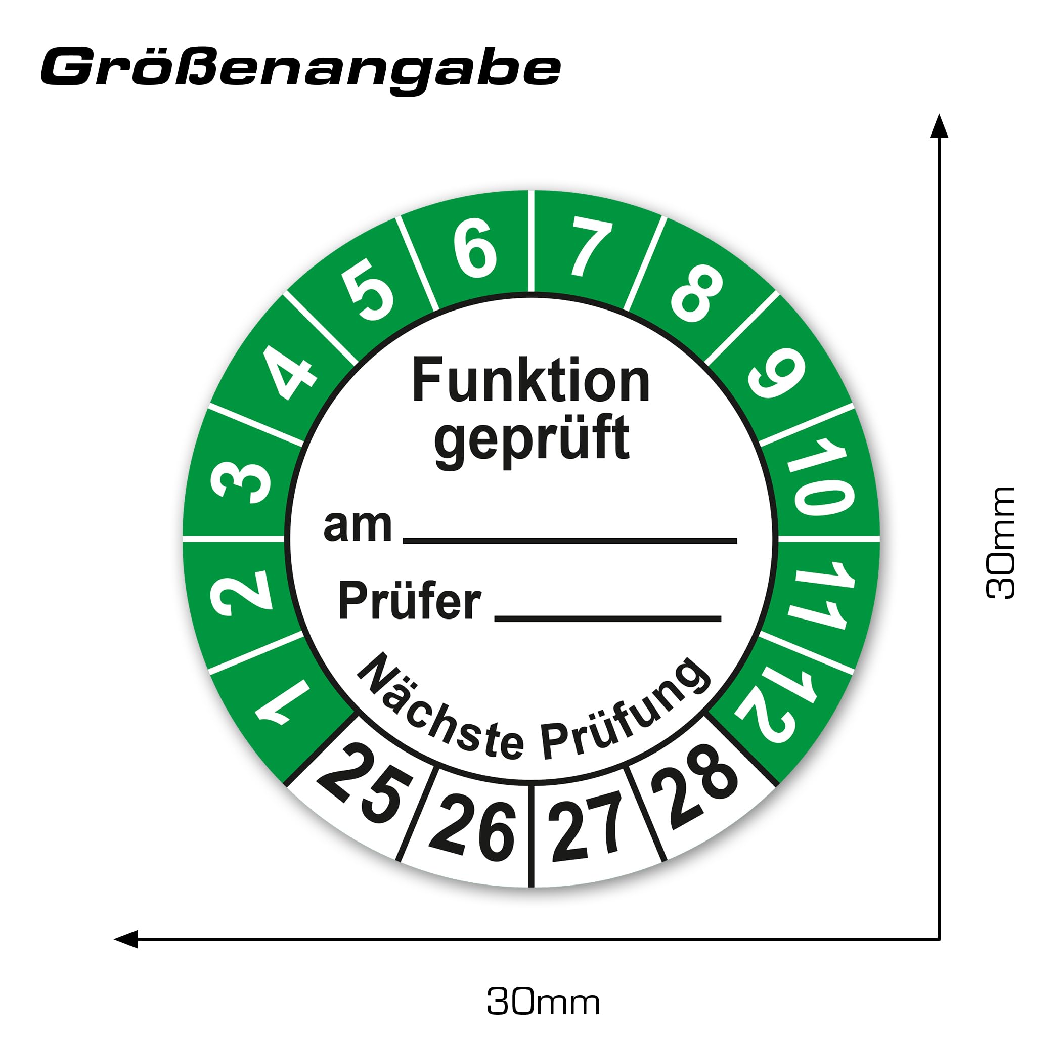 Prüfplaketten Funktion geprüft am durch nächste Prüfung mit Platzhalter ⌀30mm Prüfaufkleber 2025-2028 Prüfetiketten Vinyl Aufkleber Plakette selbstklebend wasserfest LTB011 (100)