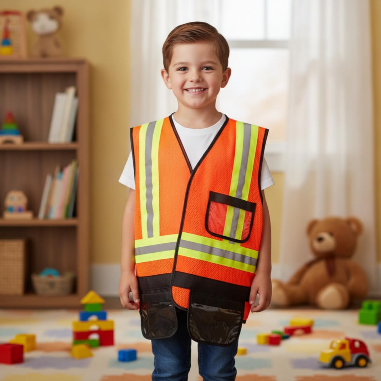 Harilla Disfraz de Constructor para Niños Juego de rol de Construcción Chaleco con Bolsillos Malla Transpirable y Tiras Reflectantes Adecuado para Juegos de