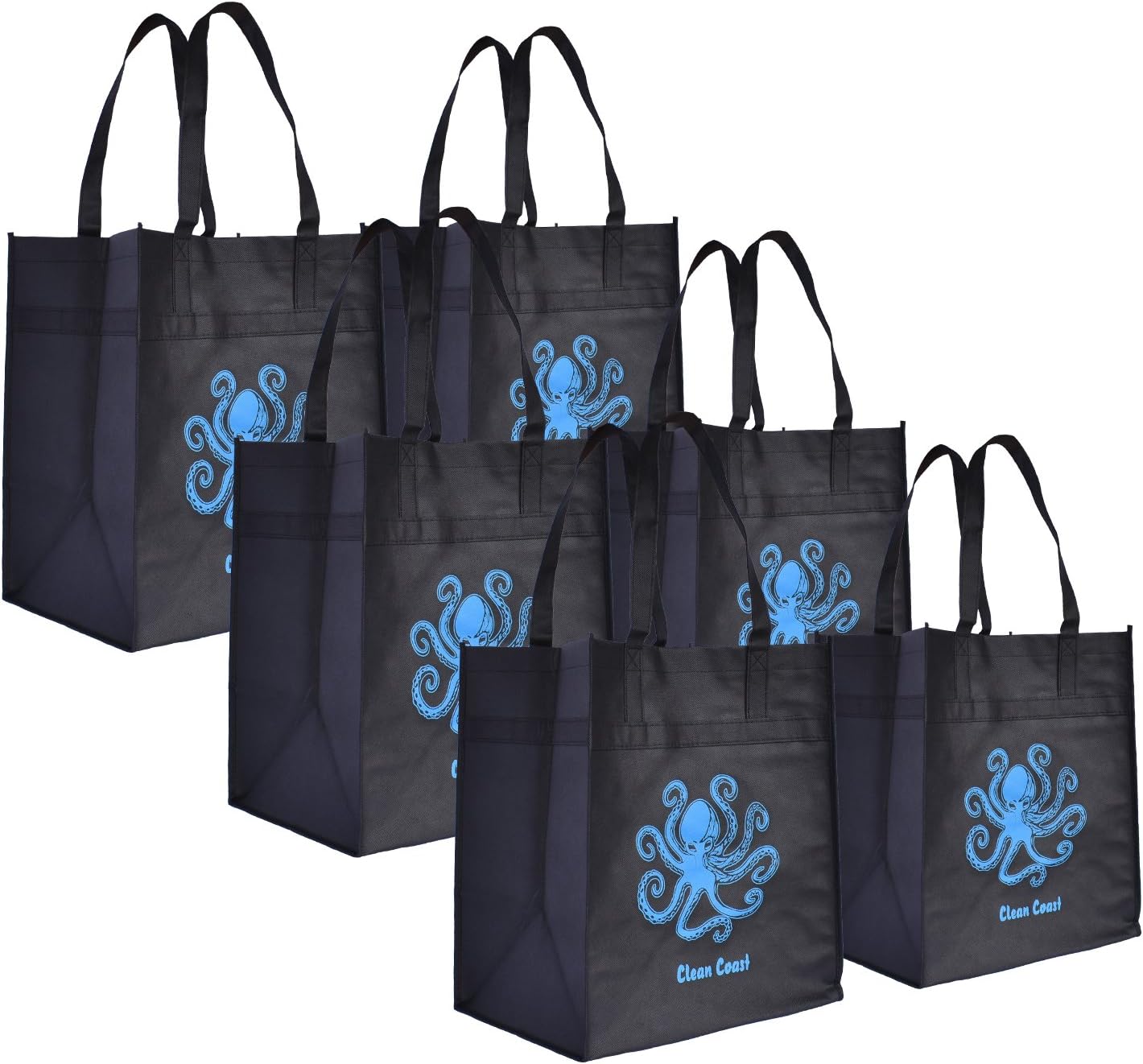 Reusable Grocery Shopping Tote Bags for Men & Women by Clean Coast- (6 Pack, Black With Blue Octopus) Tall Strong Grocery Tote Shopping Bag with Reinforced Handles, Holds 40+ lbs