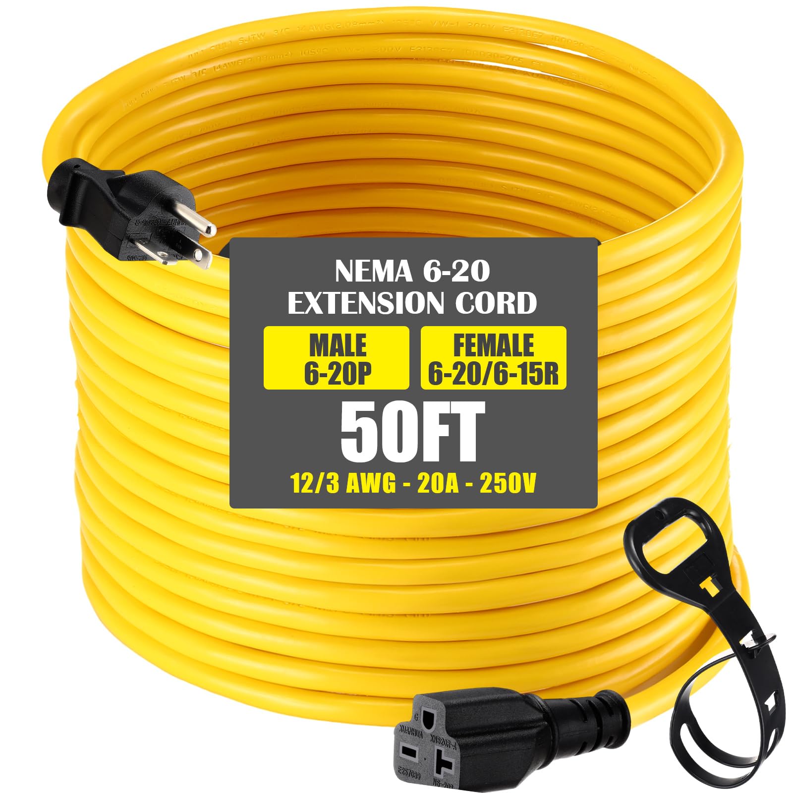 Photo 1 of Saysurey 50 ft Nema 6-20 Extension Cord, Nema 6-20p Male Plug to 6-20r/6-15r Female Receptacle, 20 Amp T-Blade Outlet Extension Power Cord with Waterproof Sockets, Heavy Duty 12/3 Awg, 250v, 5000w